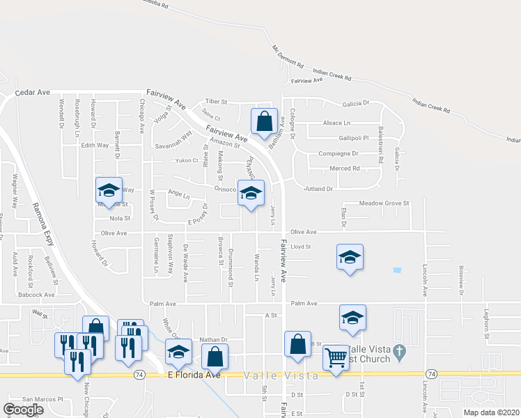 map of restaurants, bars, coffee shops, grocery stores, and more near 25168 Wanda Lane in Hemet
