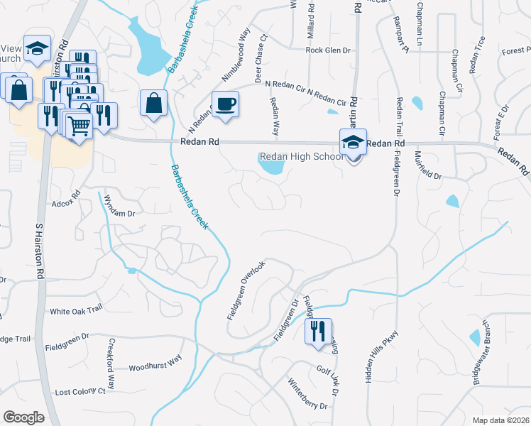 map of restaurants, bars, coffee shops, grocery stores, and more near 1344 Mill Lake Circle in Stone Mountain