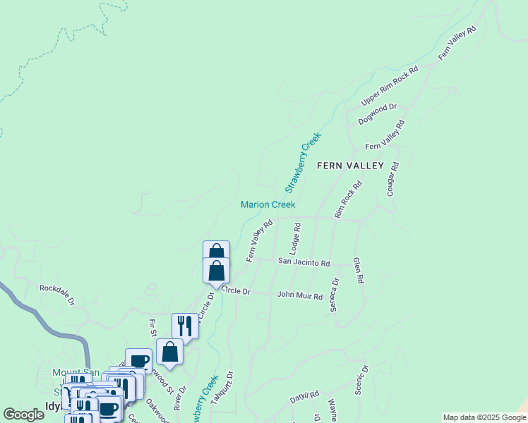 map of restaurants, bars, coffee shops, grocery stores, and more near 25201 Fern Valley Road in Idyllwild-Pine Cove