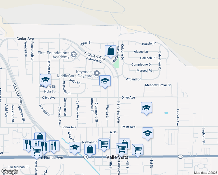 map of restaurants, bars, coffee shops, grocery stores, and more near 25168 Wanda Lane in Hemet