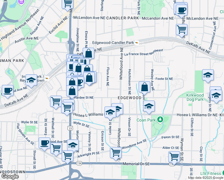 map of restaurants, bars, coffee shops, grocery stores, and more near 1351 Finley Street Northeast in Atlanta