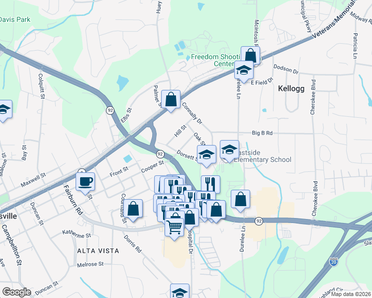 map of restaurants, bars, coffee shops, grocery stores, and more near 6068 Cooper Street in Douglasville