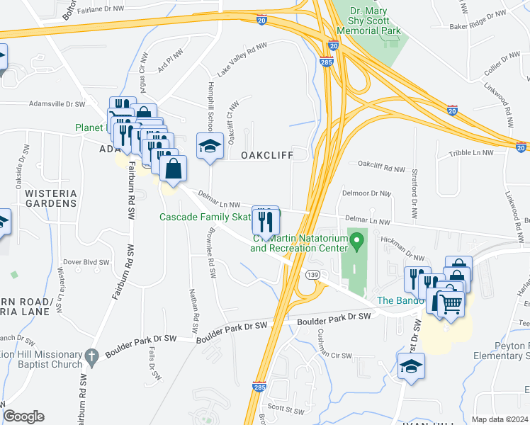 map of restaurants, bars, coffee shops, grocery stores, and more near 3346 Delmar Lane Northwest in Atlanta
