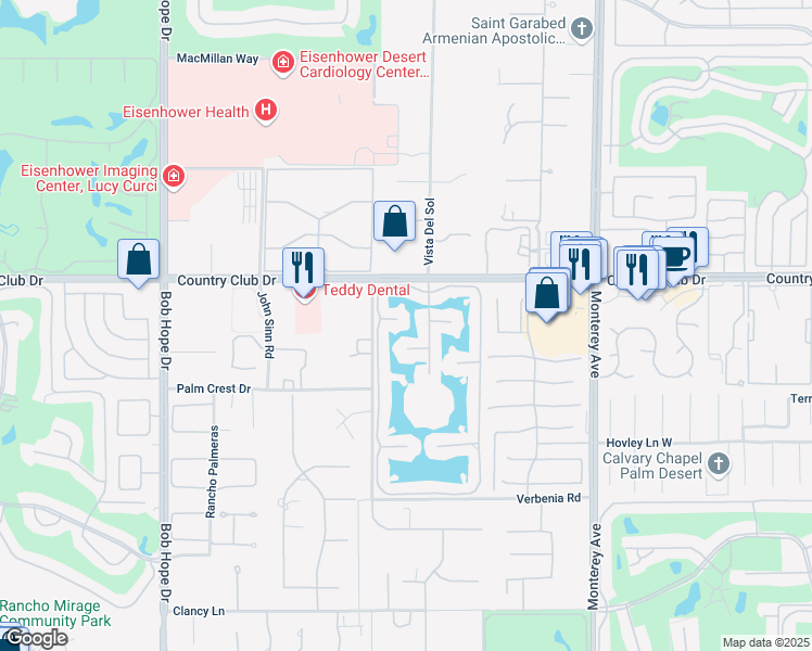 map of restaurants, bars, coffee shops, grocery stores, and more near 206 Desert Lakes Drive in Rancho Mirage