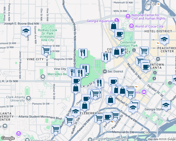 map of restaurants, bars, coffee shops, grocery stores, and more near 1414 Andrew Young International Boulevard Northwest in Atlanta