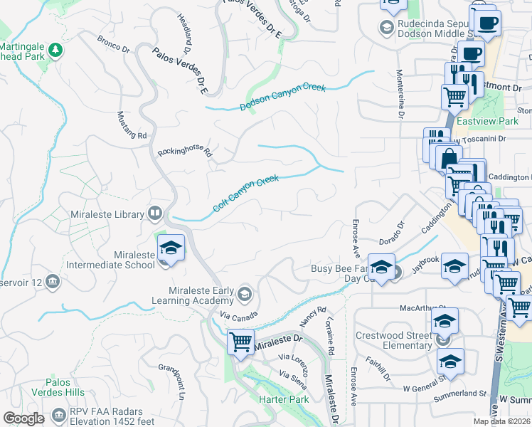 map of restaurants, bars, coffee shops, grocery stores, and more near 2640 Colt Road in Rancho Palos Verdes