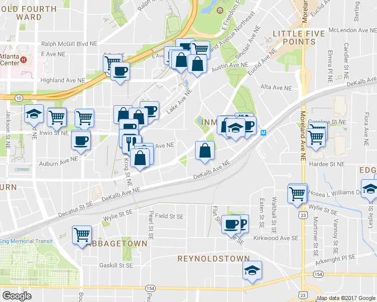 map of restaurants, bars, coffee shops, grocery stores, and more near 886 Edgewood Avenue Northeast in Atlanta
