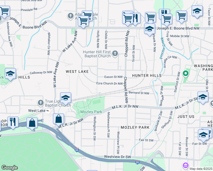 map of restaurants, bars, coffee shops, grocery stores, and more near 1500 Ezra Church Drive Northwest in Atlanta