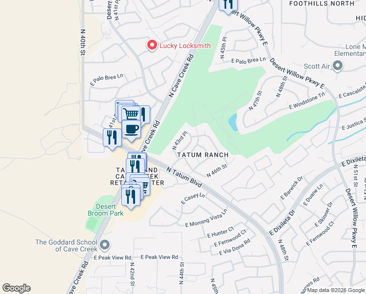 map of restaurants, bars, coffee shops, grocery stores, and more near 29815 North 43rd Way in Cave Creek