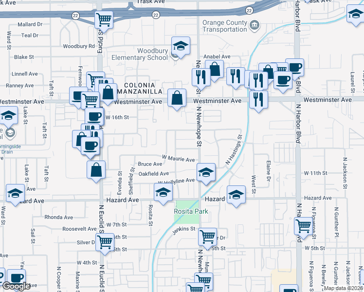 map of restaurants, bars, coffee shops, grocery stores, and more near 4522 West Penny Avenue in Santa Ana