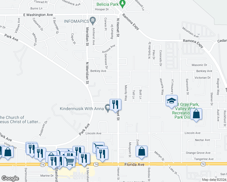 map of restaurants, bars, coffee shops, grocery stores, and more near 26680 Chad Court in Hemet