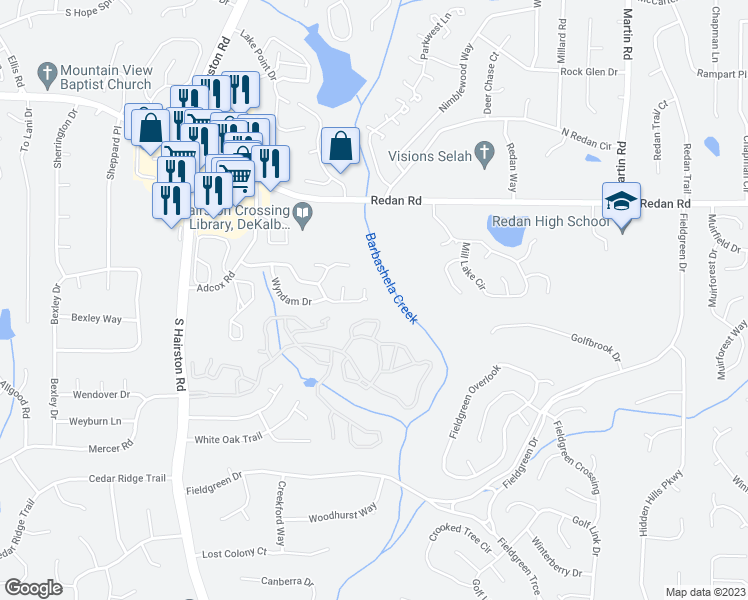 map of restaurants, bars, coffee shops, grocery stores, and more near 4906 Fenbrook Court in Stone Mountain