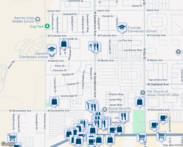 map of restaurants, bars, coffee shops, grocery stores, and more near Boston Street & London Street in Hemet