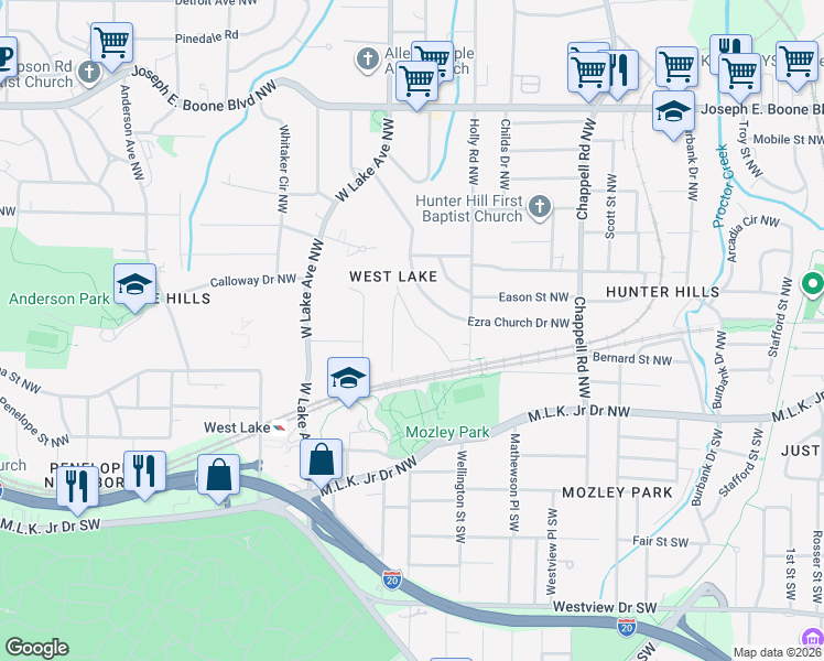 map of restaurants, bars, coffee shops, grocery stores, and more near 38 Spring Lane Northwest in Atlanta