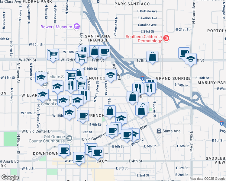 map of restaurants, bars, coffee shops, grocery stores, and more near 511 East Washington Avenue in Santa Ana