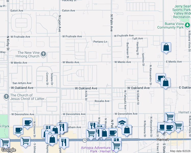 map of restaurants, bars, coffee shops, grocery stores, and more near 585 De Soto Drive in Hemet