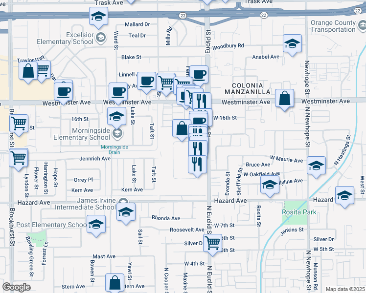 map of restaurants, bars, coffee shops, grocery stores, and more near 10822 Forbes Ave in Garden Grove
