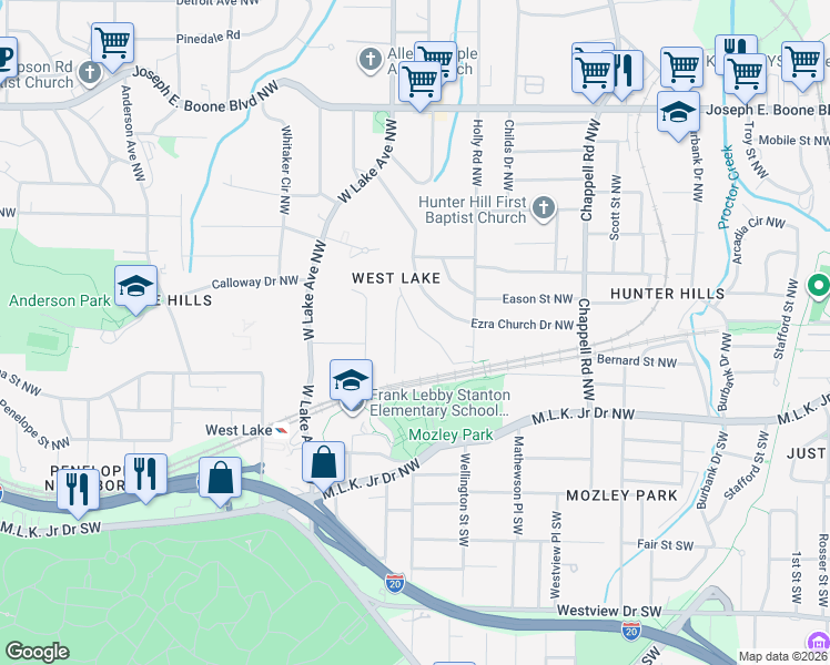 map of restaurants, bars, coffee shops, grocery stores, and more near 38 Spring Lane Northwest in Atlanta