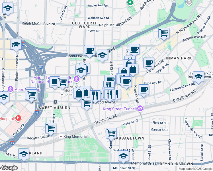 map of restaurants, bars, coffee shops, grocery stores, and more near 75 Bradley Street Northeast in Atlanta