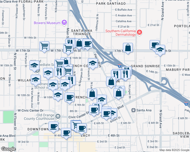 map of restaurants, bars, coffee shops, grocery stores, and more near 525 East Washington Avenue in Santa Ana