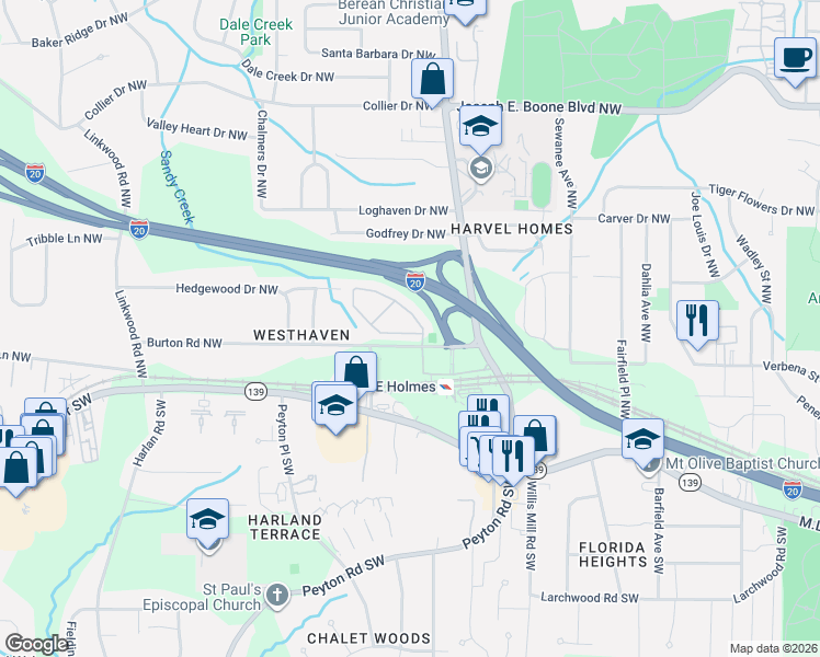 map of restaurants, bars, coffee shops, grocery stores, and more near 2400 Laurel Circle Northwest in Atlanta