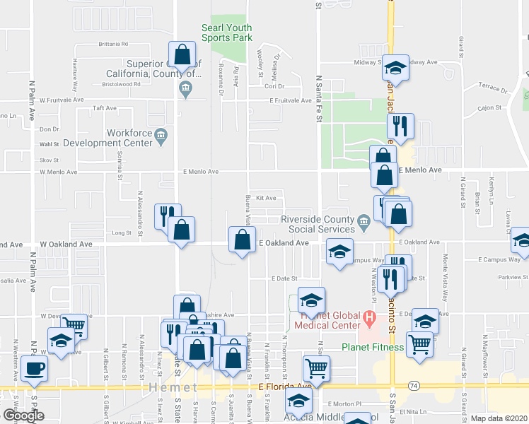 map of restaurants, bars, coffee shops, grocery stores, and more near 574 Mobley Lane in Hemet