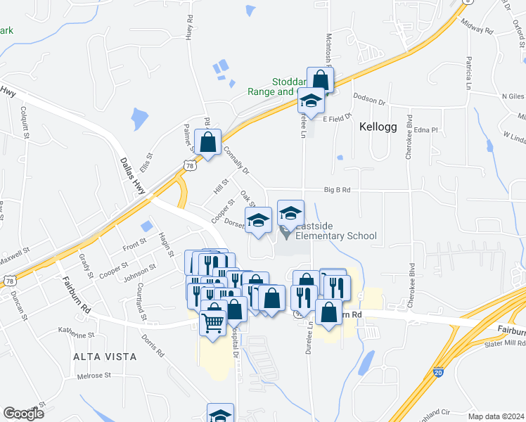 map of restaurants, bars, coffee shops, grocery stores, and more near 8200 Oak Street in Douglasville