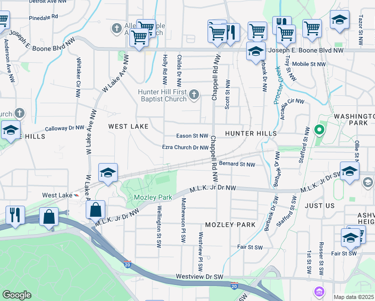 map of restaurants, bars, coffee shops, grocery stores, and more near 1500 Ezra Church Drive Northwest in Atlanta