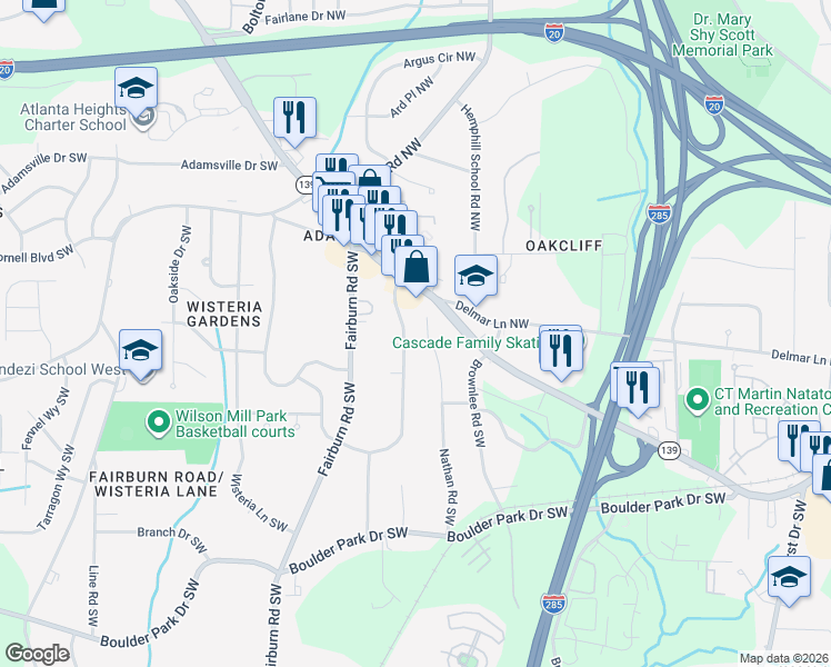 map of restaurants, bars, coffee shops, grocery stores, and more near 59 Nathan Road Southwest in Atlanta