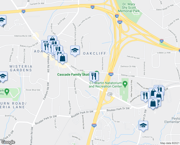 map of restaurants, bars, coffee shops, grocery stores, and more near 3366 Delmar Lane Northwest in Atlanta