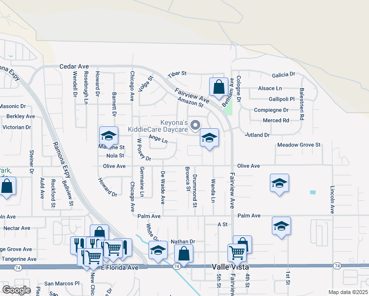 map of restaurants, bars, coffee shops, grocery stores, and more near 43771 Applewood Street in Hemet