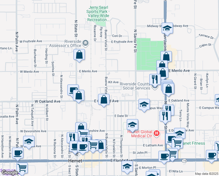 map of restaurants, bars, coffee shops, grocery stores, and more near 527 Greystone Lane in Hemet