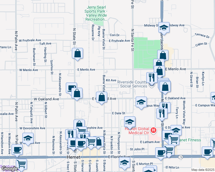 map of restaurants, bars, coffee shops, grocery stores, and more near 527 Greystone Lane in Hemet