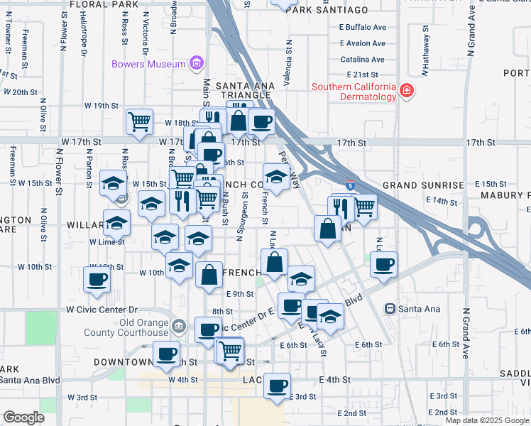 map of restaurants, bars, coffee shops, grocery stores, and more near 1310 French Street in Santa Ana