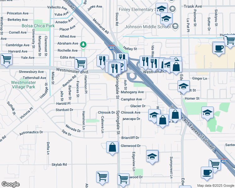 map of restaurants, bars, coffee shops, grocery stores, and more near 6001 Camphor Avenue in Westminster