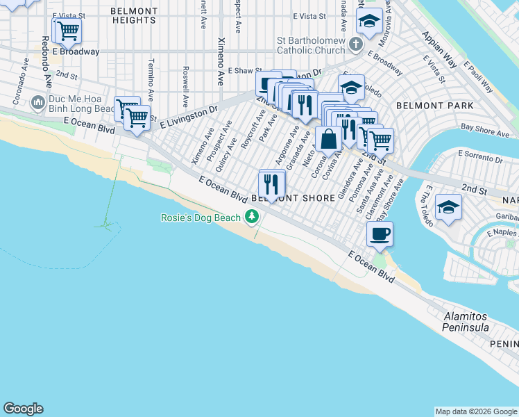 map of restaurants, bars, coffee shops, grocery stores, and more near 5102 East Ocean Boulevard in Long Beach