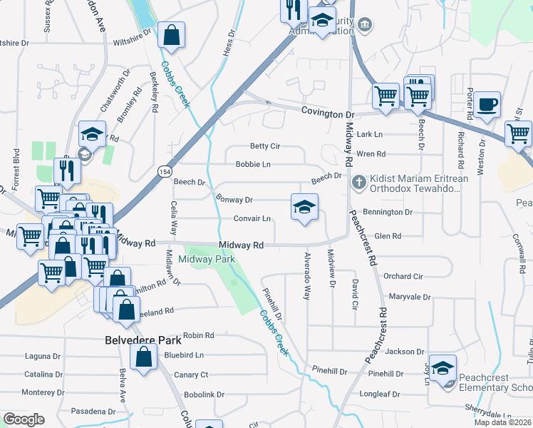 map of restaurants, bars, coffee shops, grocery stores, and more near 3257 Convair Lane in Decatur