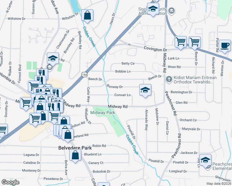 map of restaurants, bars, coffee shops, grocery stores, and more near 3227 Convair Lane in Decatur