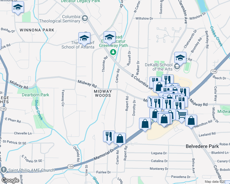 map of restaurants, bars, coffee shops, grocery stores, and more near 1307 Carter Road in Decatur