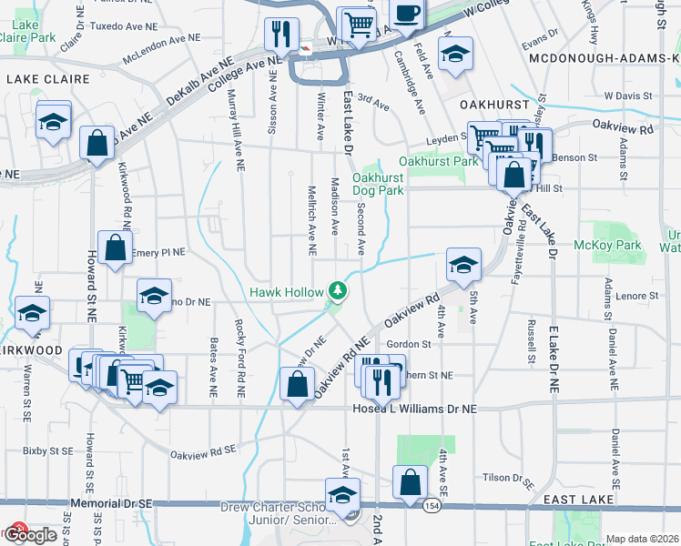 map of restaurants, bars, coffee shops, grocery stores, and more near 327 Madison Avenue in Decatur