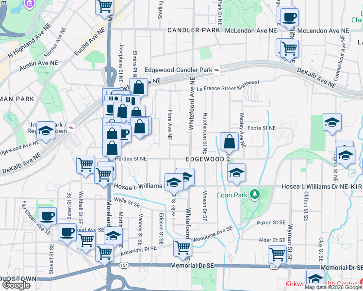 map of restaurants, bars, coffee shops, grocery stores, and more near 87 Flora Avenue Northeast in Atlanta