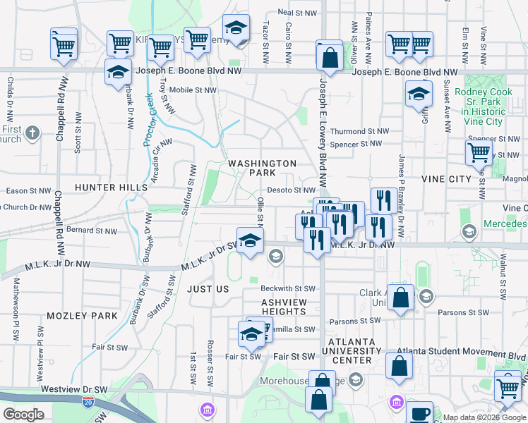 map of restaurants, bars, coffee shops, grocery stores, and more near 1027 Harwell Street Northwest in Atlanta