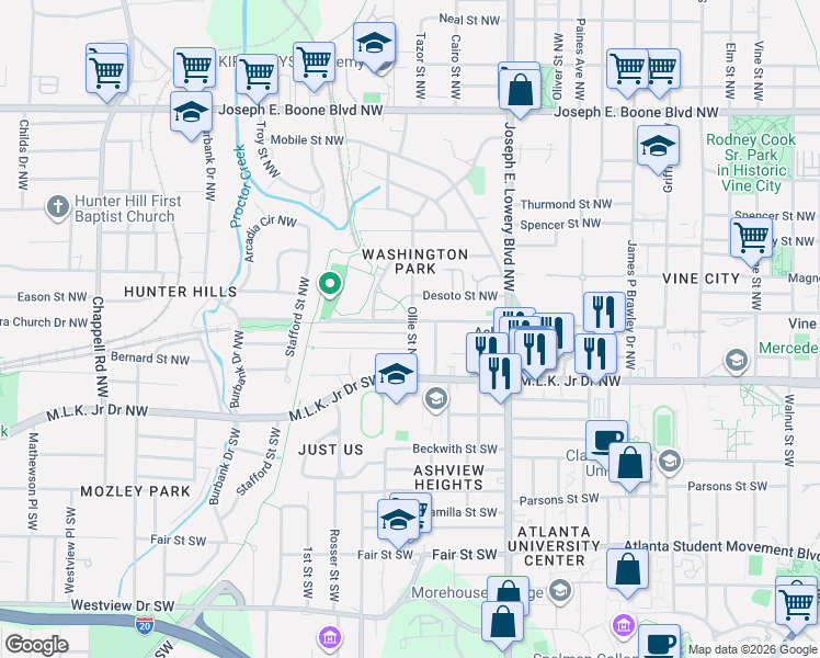 map of restaurants, bars, coffee shops, grocery stores, and more near 1027 Harwell Street Northwest in Atlanta