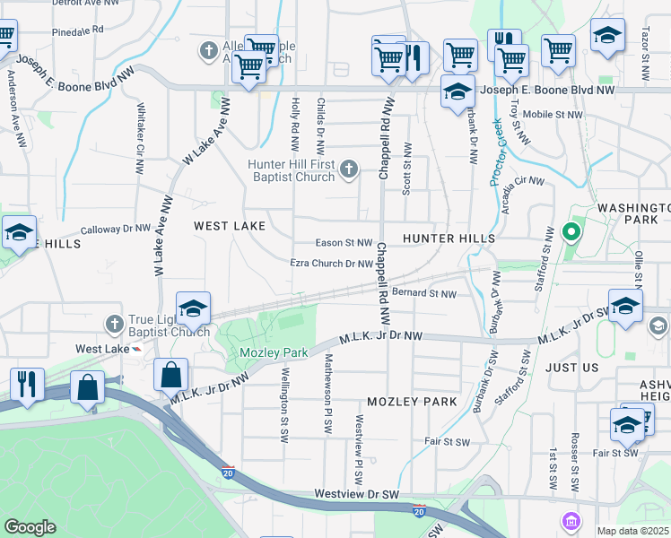 map of restaurants, bars, coffee shops, grocery stores, and more near 1500 Ezra Church Drive Northwest in Atlanta