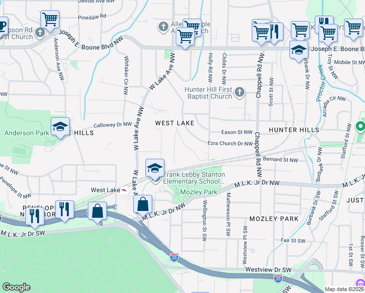 map of restaurants, bars, coffee shops, grocery stores, and more near 38 Spring Lane Northwest in Atlanta