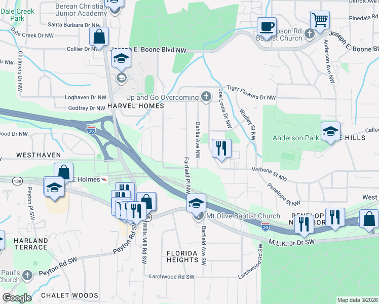 map of restaurants, bars, coffee shops, grocery stores, and more near 100 Fairfield Place Northwest in Atlanta
