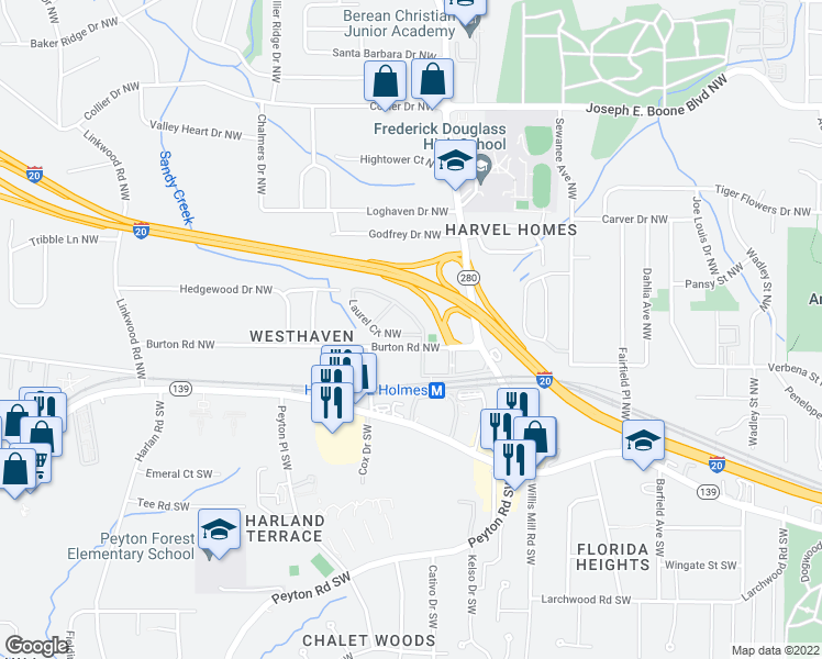 map of restaurants, bars, coffee shops, grocery stores, and more near 2400 Laurel Circle Northwest in Atlanta