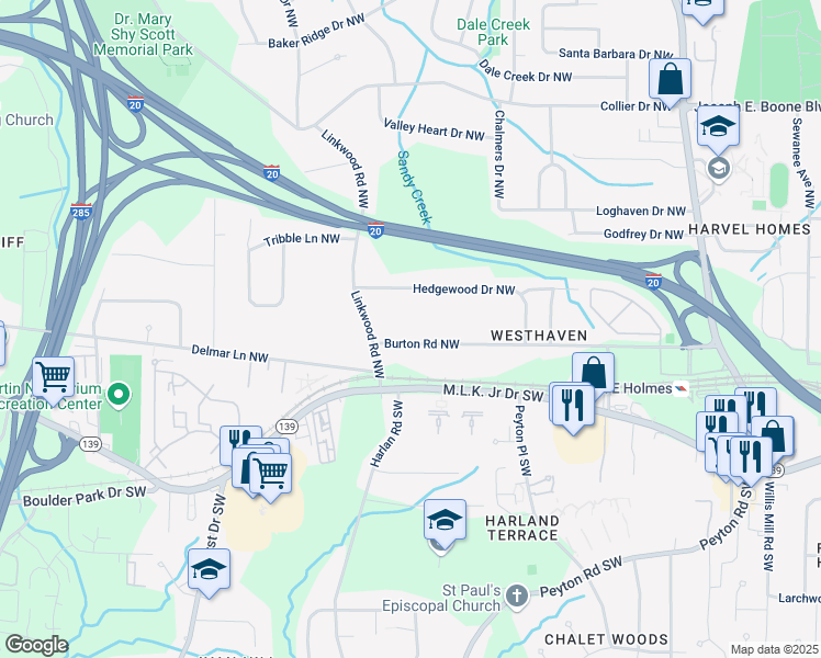 map of restaurants, bars, coffee shops, grocery stores, and more near 2835 Burton Road Northwest in Atlanta