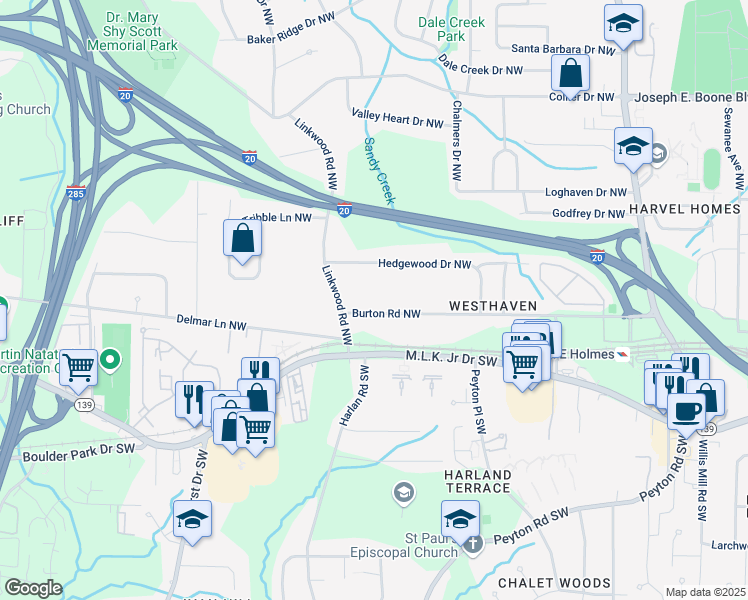 map of restaurants, bars, coffee shops, grocery stores, and more near 2835 Burton Road Northwest in Atlanta