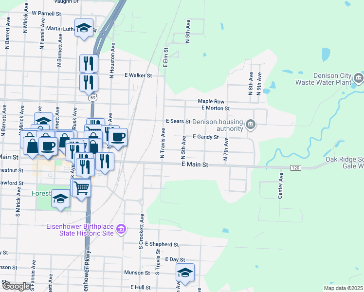 map of restaurants, bars, coffee shops, grocery stores, and more near 424 East Woodard Street in Denison
